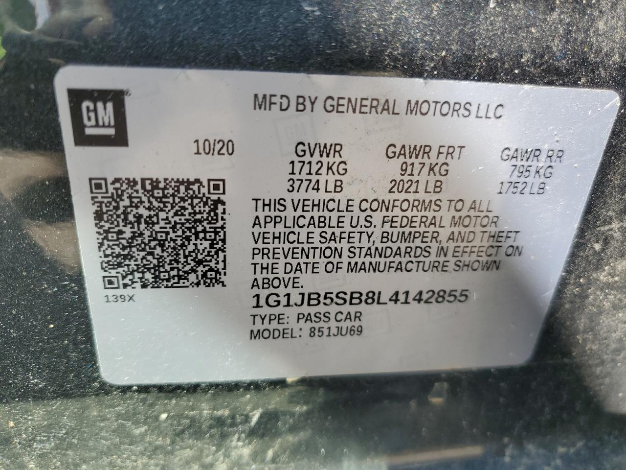 1G1JB5SB8L4142855 2020 Chevrolet Sonic Ls