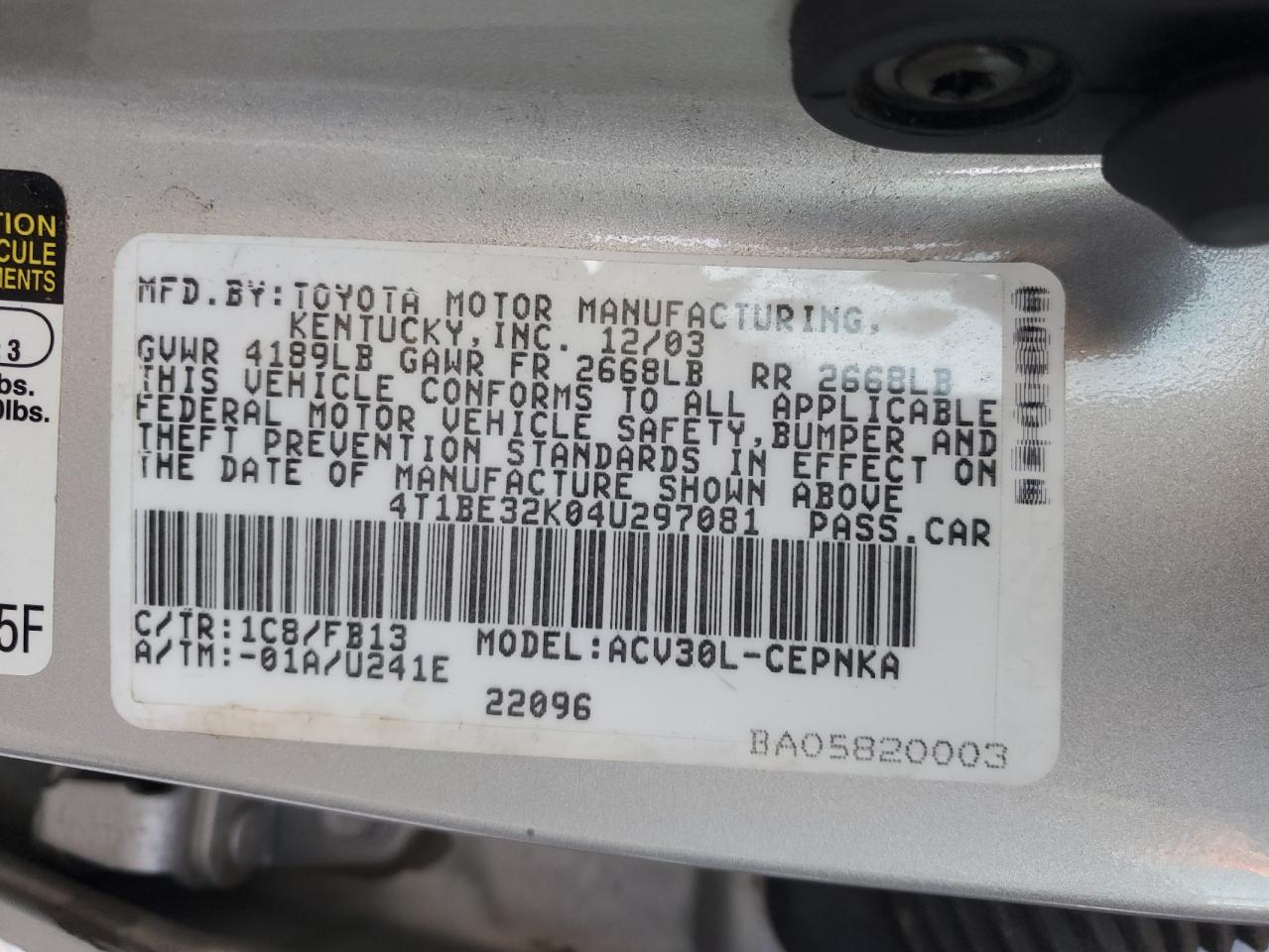 4T1BE32K04U297081 2004 Toyota Camry Le