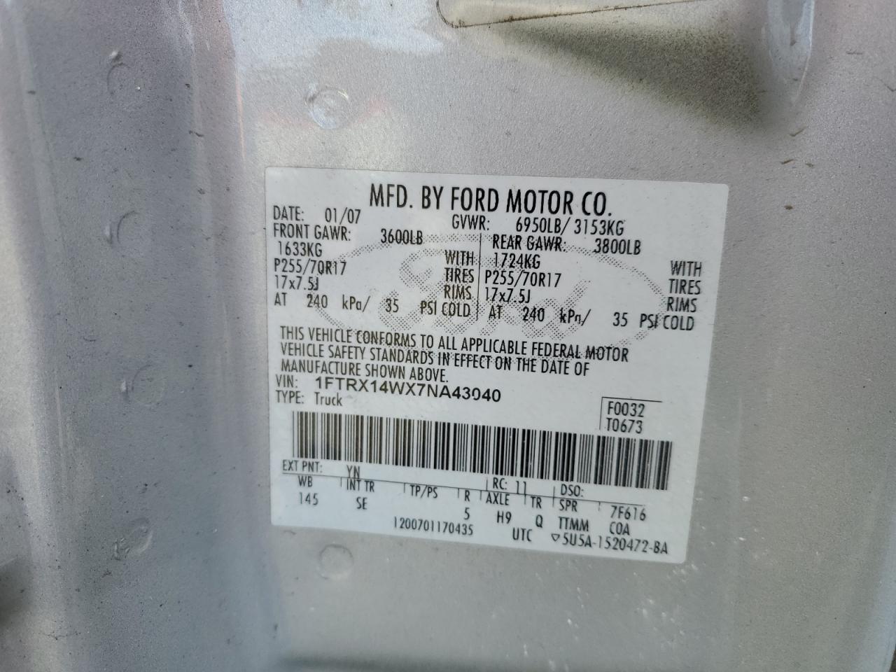 1FTRX14WX7NA43040 2007 Ford F150