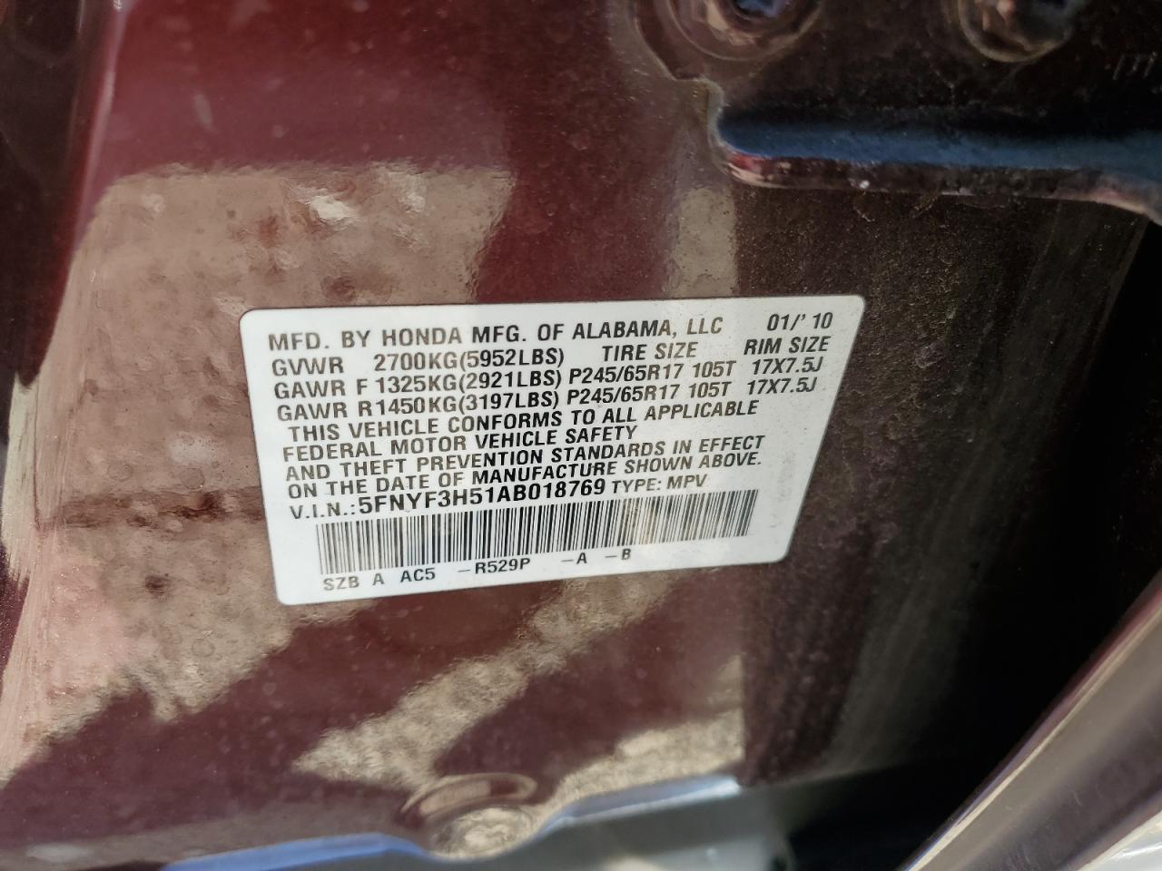 5FNYF3H51AB018769 2010 Honda Pilot Exl