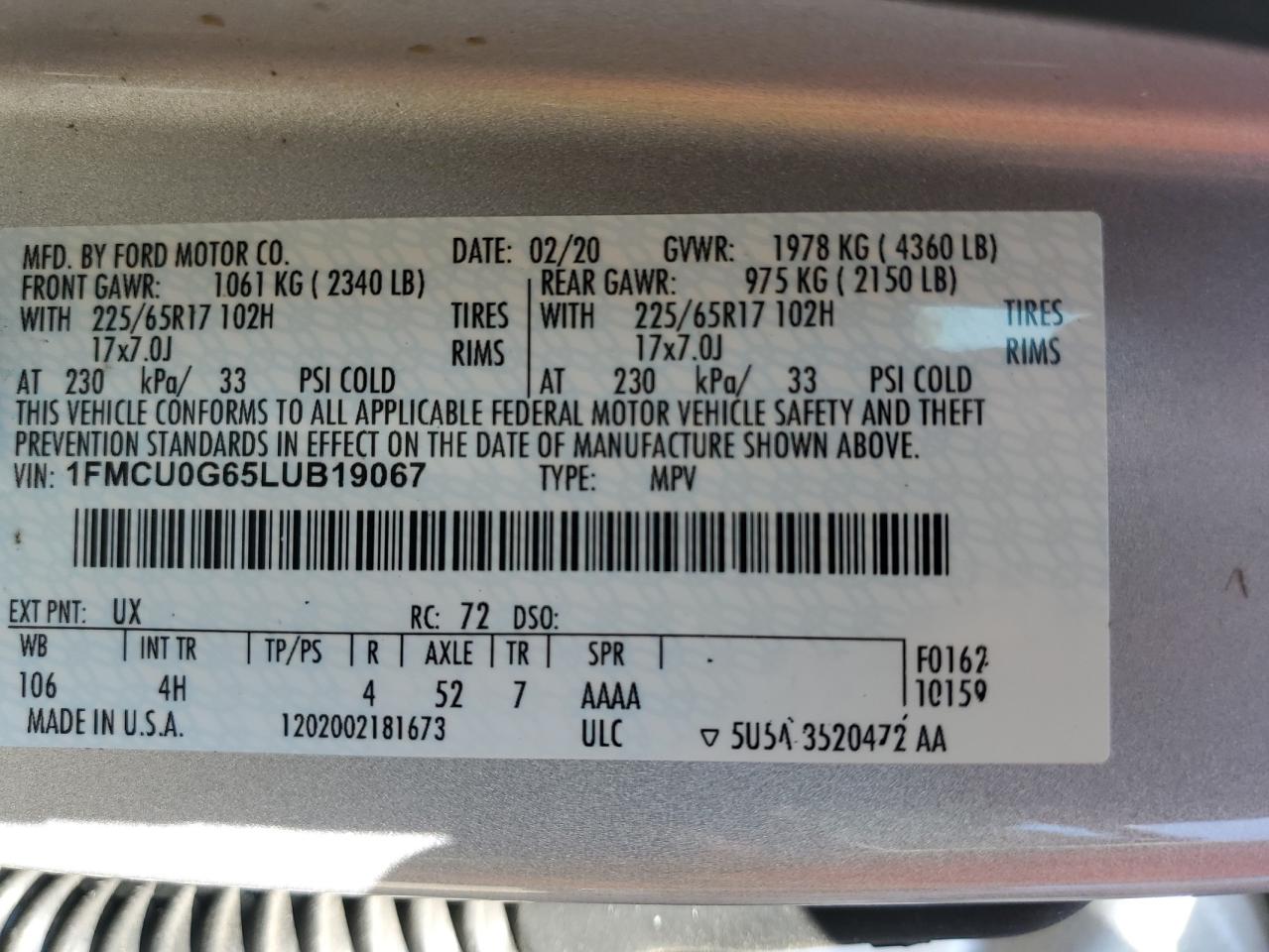 1FMCU0G65LUB19067 2020 Ford Escape Se