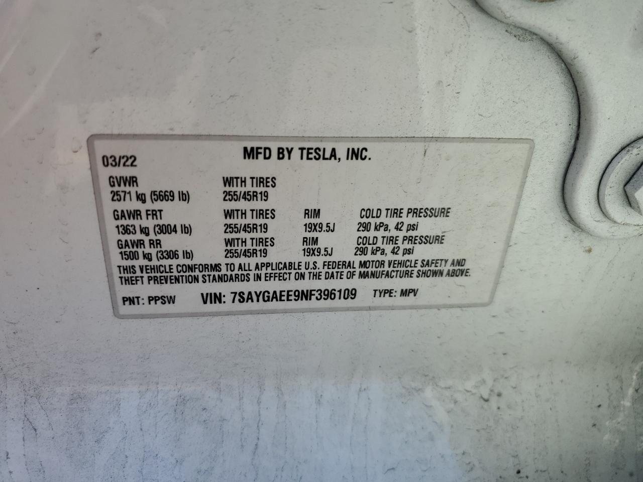 7SAYGAEE9NF396109 2022 Tesla Model Y