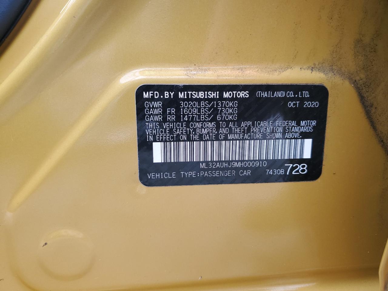 2021 Mitsubishi Mirage Es VIN: ML32AUHJ9MH000910 Lot: 73696094