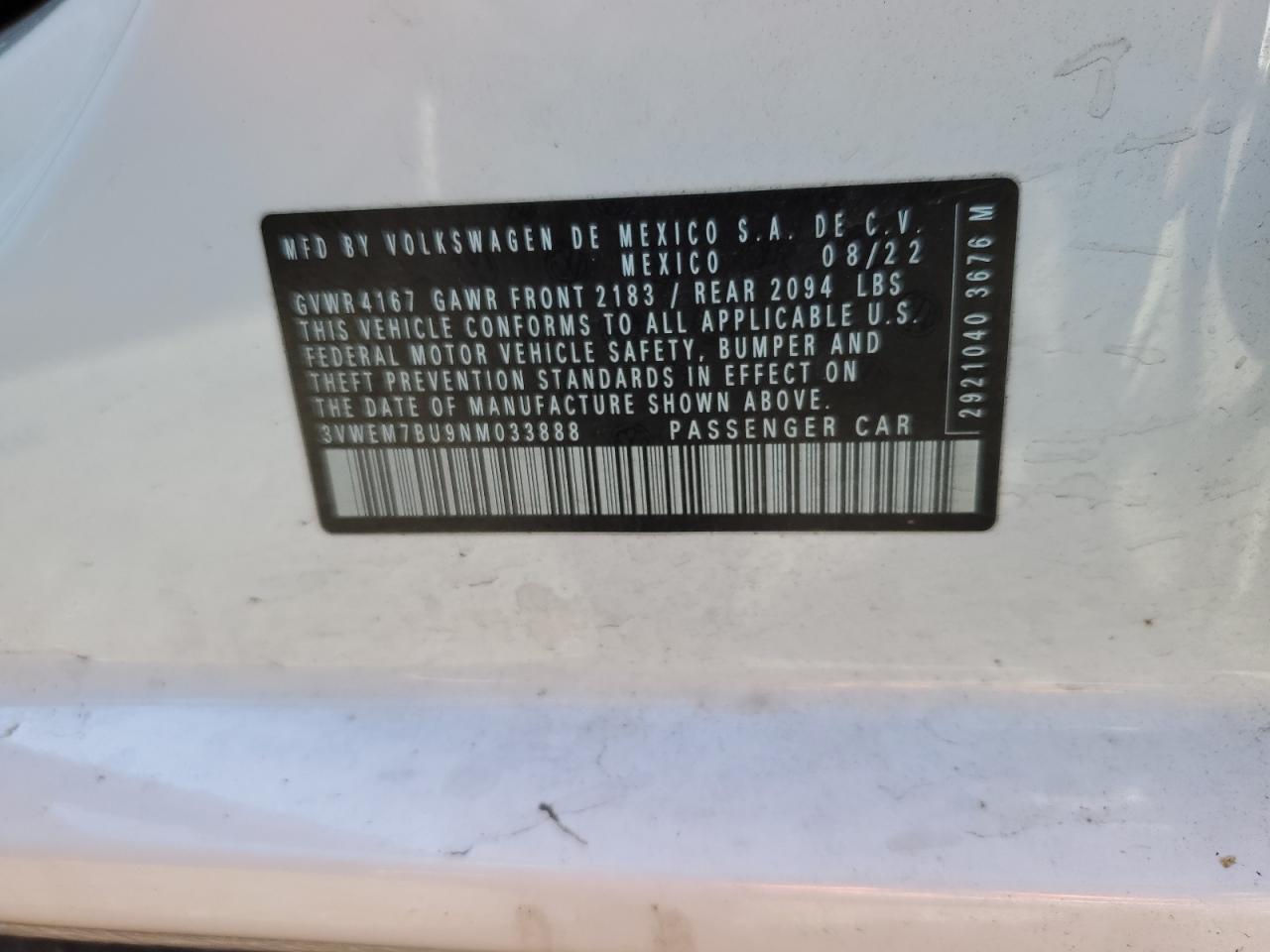 3VWEM7BU9NM033888 2022 Volkswagen Jetta Se