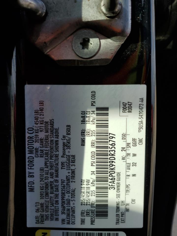 2013 Ford Fusion Titanium VIN: 3FA6P0K99DR356797 Lot: 78222974