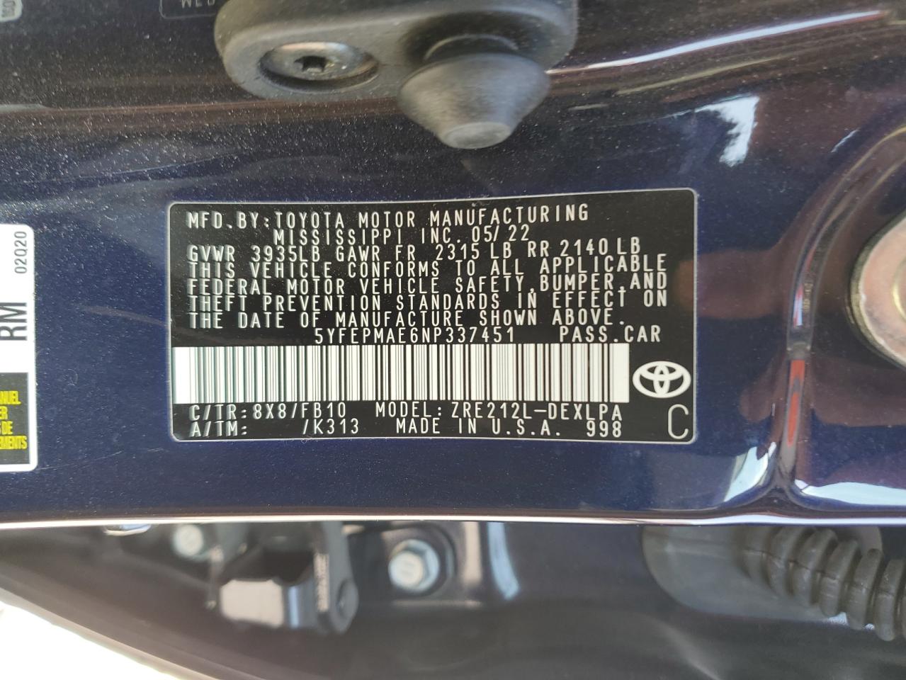 5YFEPMAE6NP337451 2022 Toyota Corolla Le