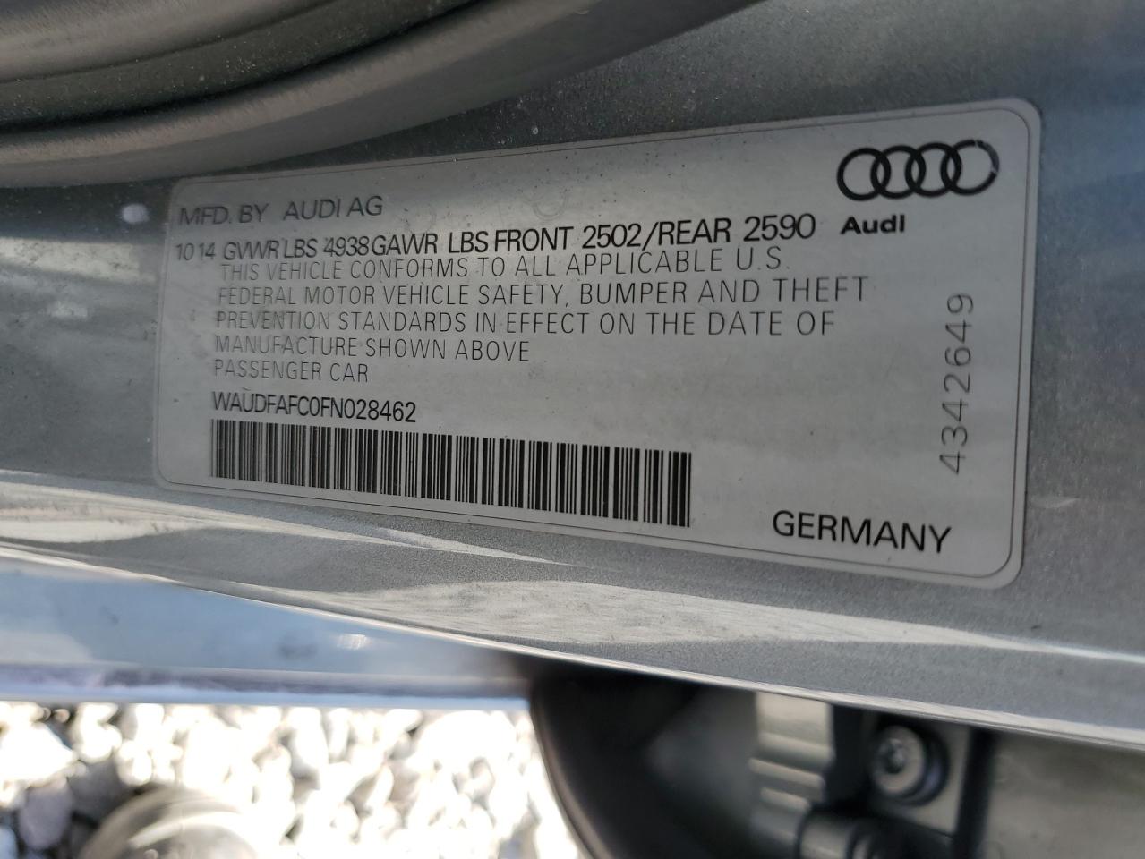 2015 Audi A6 Premium Plus VIN: WAUDFAFC0FN028462 Lot: 75934074