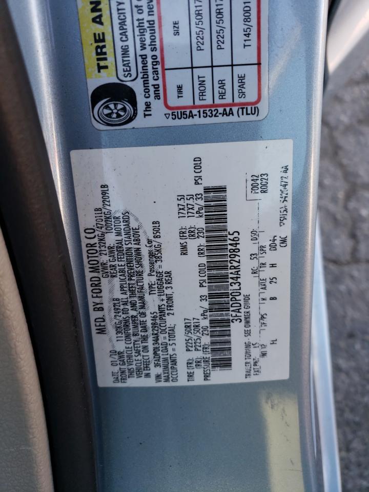 2010 Ford Fusion Hybrid VIN: 3FADP0L34AR298465 Lot: 74201434