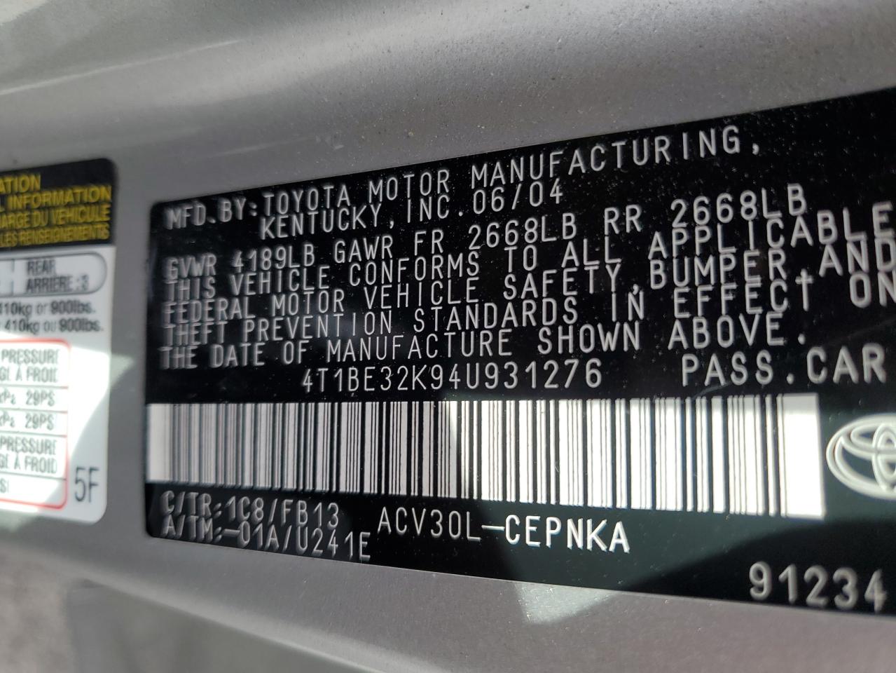 2004 Toyota Camry Le VIN: 4T1BE32K94U931276 Lot: 78445844