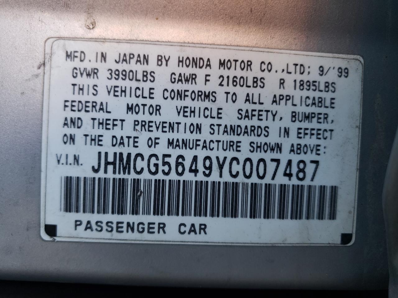 2000 Honda Accord Lx VIN: JHMCG5649YC007487 Lot: 75231804