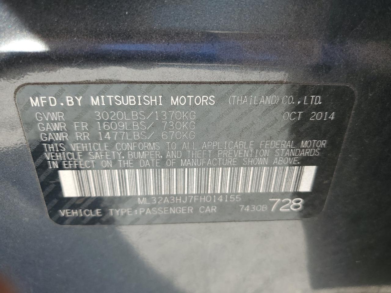 2015 Mitsubishi Mirage De VIN: ML32A3HJ7FH014155 Lot: 77429434