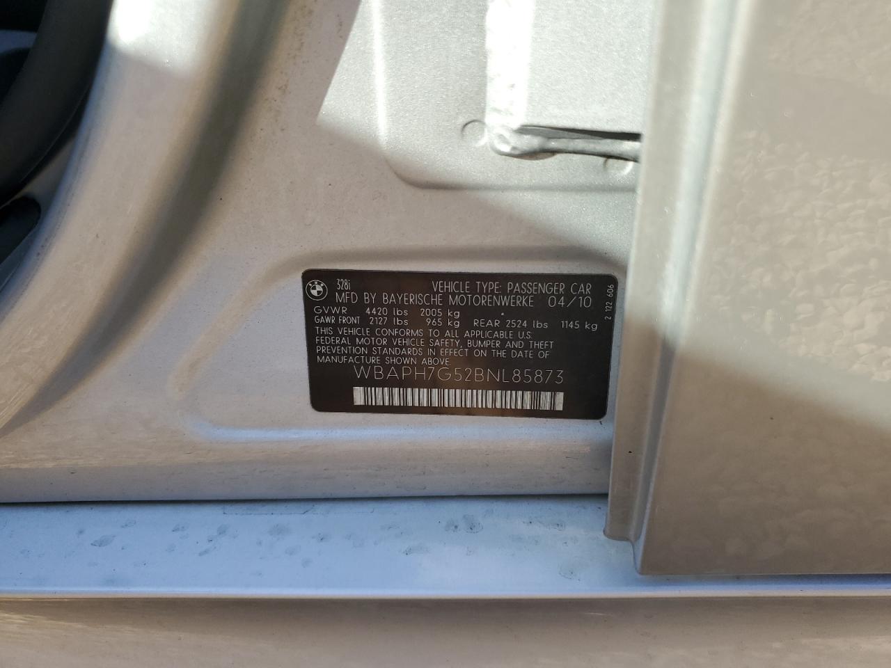 2011 BMW 328 I VIN: WBAPH7G52BNL85873 Lot: 77139304