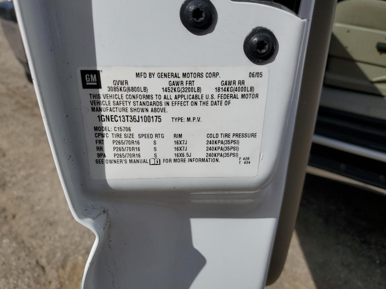 2006 Chevrolet Tahoe C1500 VIN: 1GNEC13T36J100175 Lot: 77791484