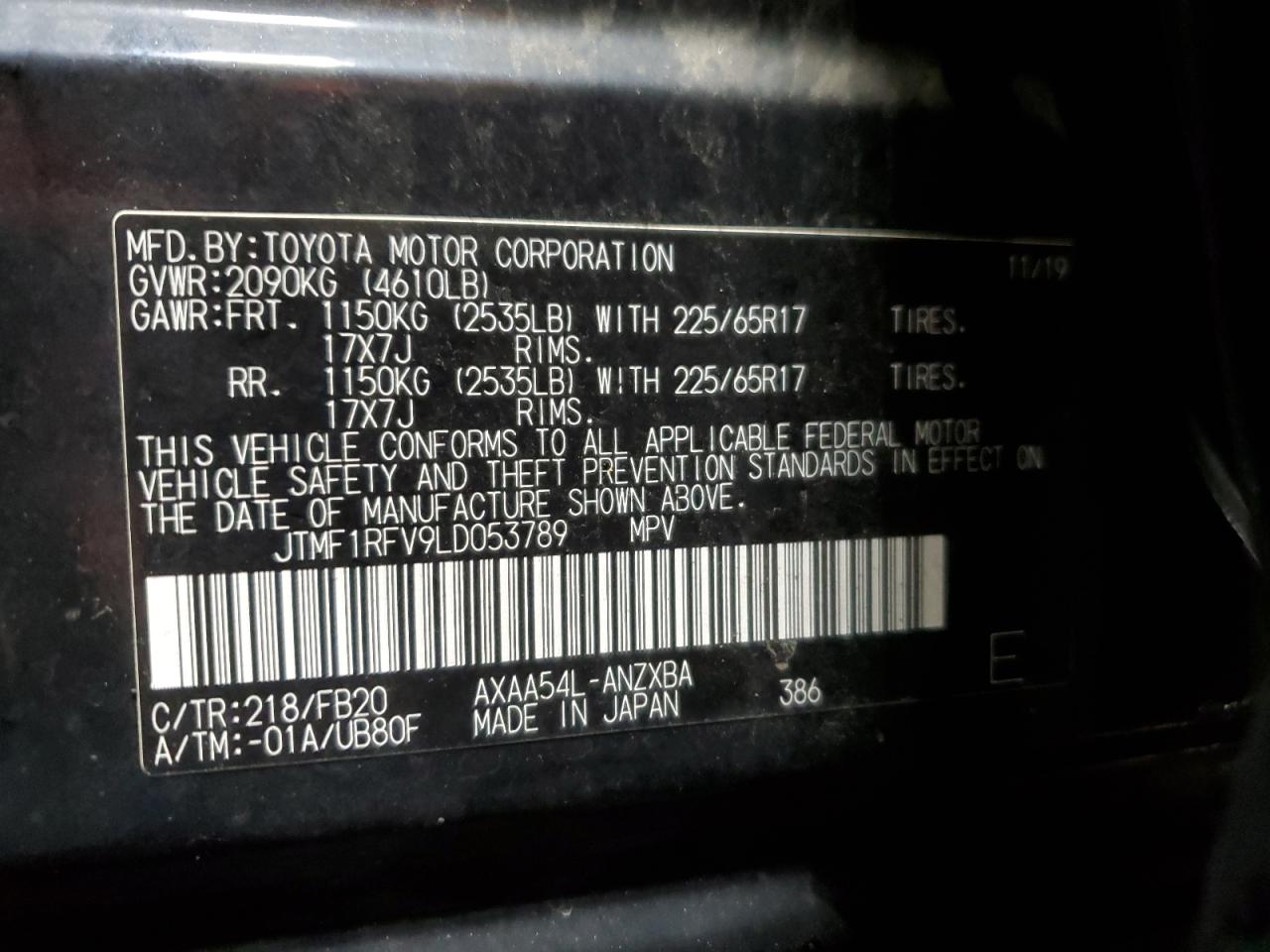 JTMF1RFV9LD053789 2020 Toyota Rav4 Le