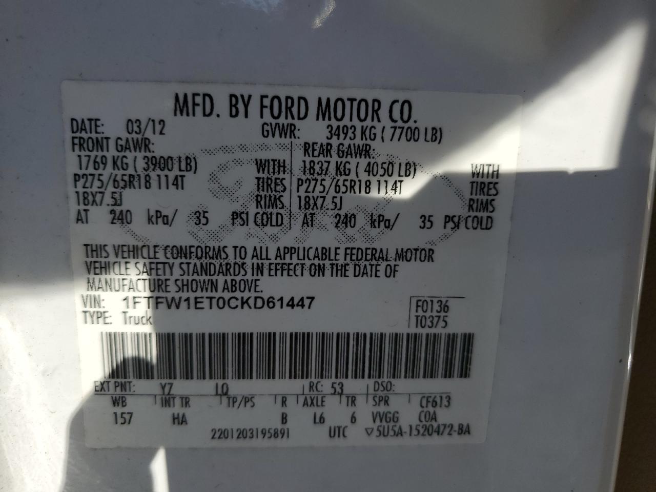 1FTFW1ET0CKD61447 2012 Ford F150 Supercrew