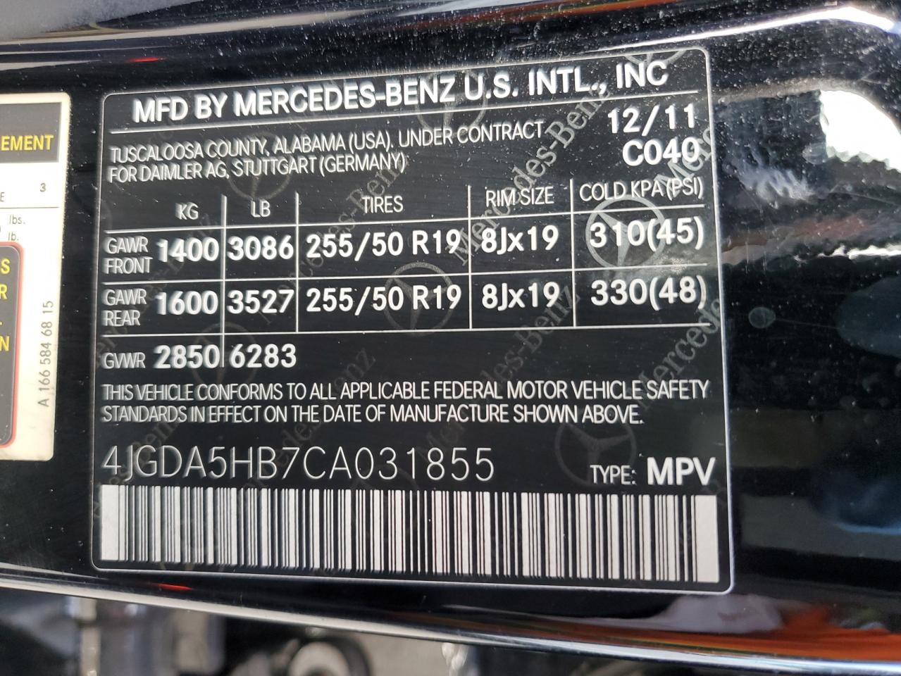 4JGDA5HB7CA031855 2012 Mercedes-Benz Ml 350 4Matic