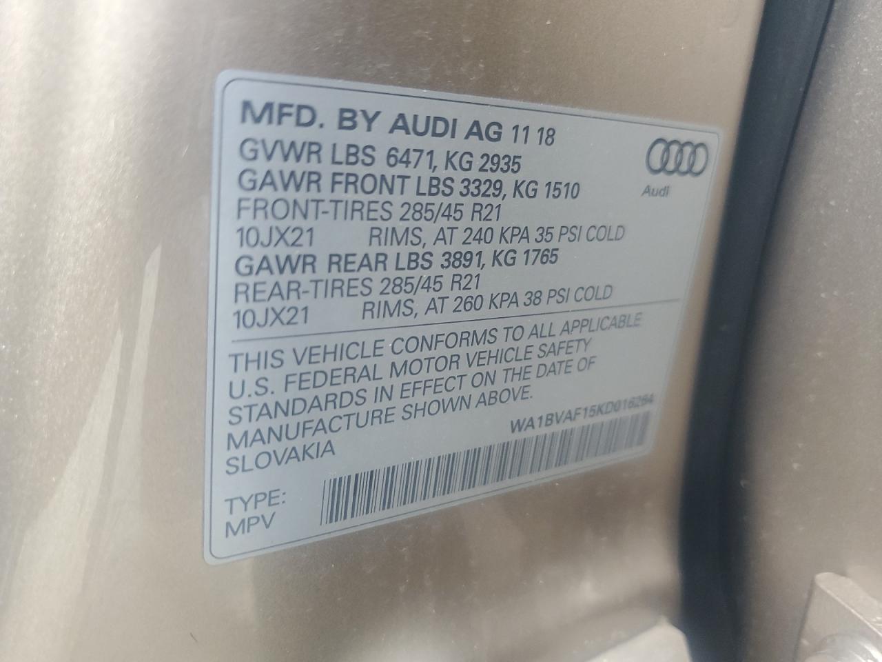 WA1BVAF15KD016264 2019 Audi Q8 Premium Plus