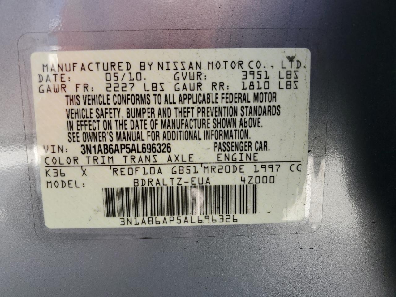 3N1AB6AP5AL696326 2010 Nissan Sentra 2.0