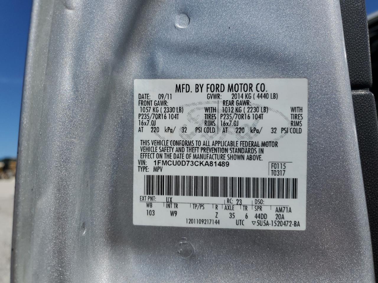 1FMCU0D73CKA81489 2012 Ford Escape Xlt