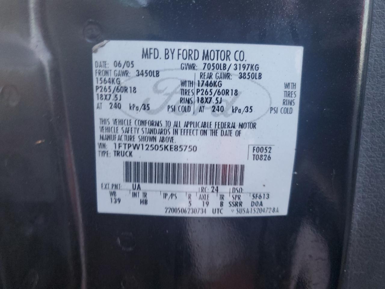 2005 Ford F150 Supercrew VIN: 1FTPW12505KE85750 Lot: 75219284