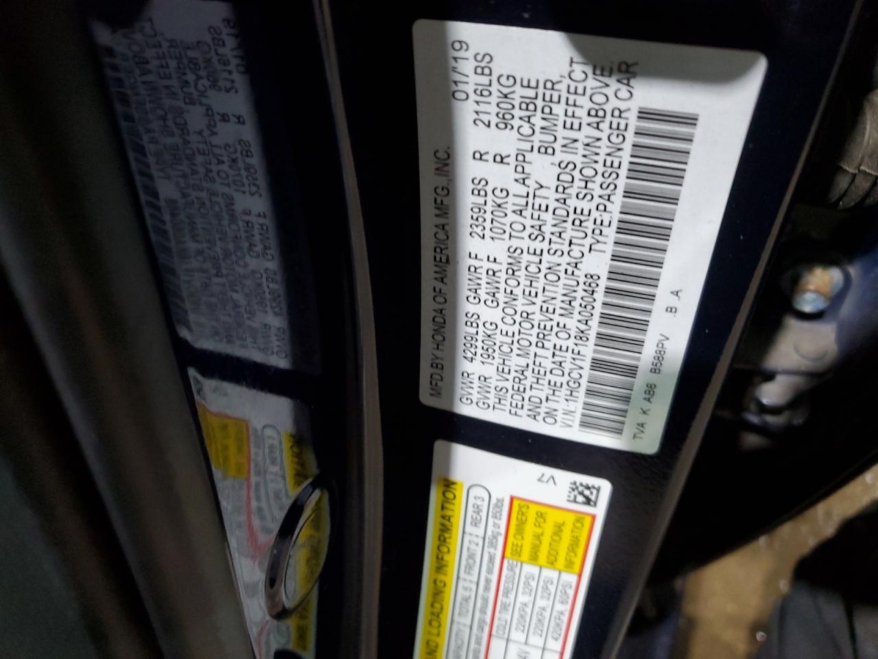 1HGCV1F18KA050468 2019 Honda Accord Lx