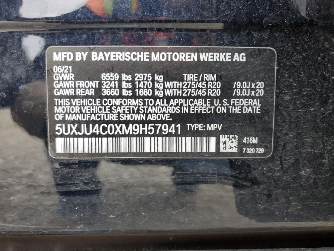 2021 BMW X5 M50I VIN: 5UXJU4C0XM9H57941 Lot: 75541384