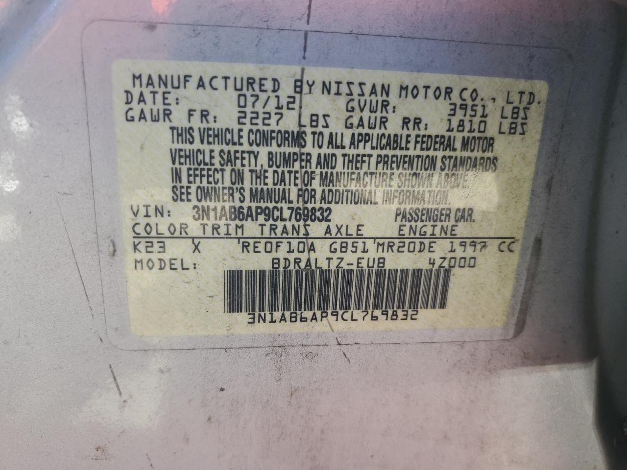 3N1AB6AP9CL769832 2012 Nissan Sentra 2.0