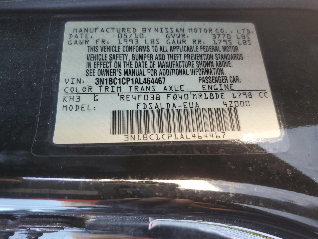 2010 Nissan Versa S VIN: 3N1BC1CP1AL464467 Lot: 76602434