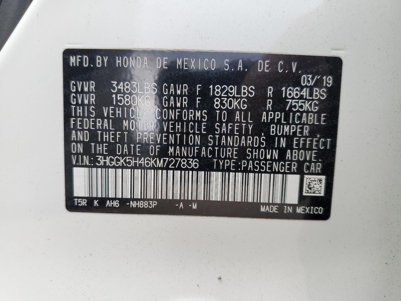 3HGGK5H46KM727836 2019 Honda Fit Lx