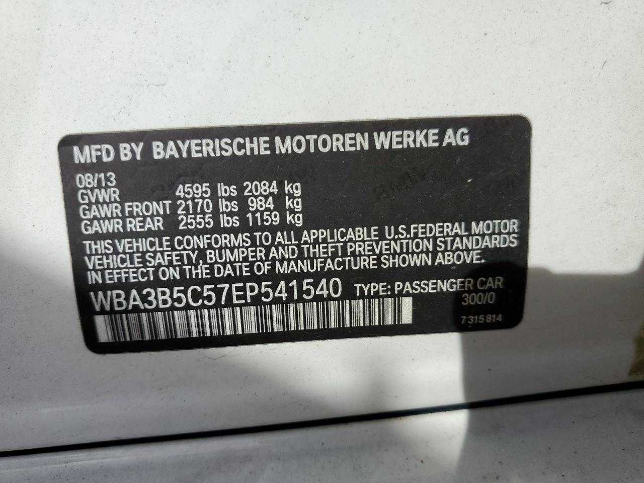 2014 BMW 328 Xi Sulev VIN: WBA3B5C57EP541540 Lot: 76689884