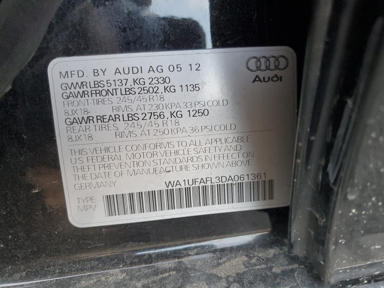 2013 Audi A4 Allroad Premium Plus VIN: WA1UFAFL3DA061361 Lot: 77374084