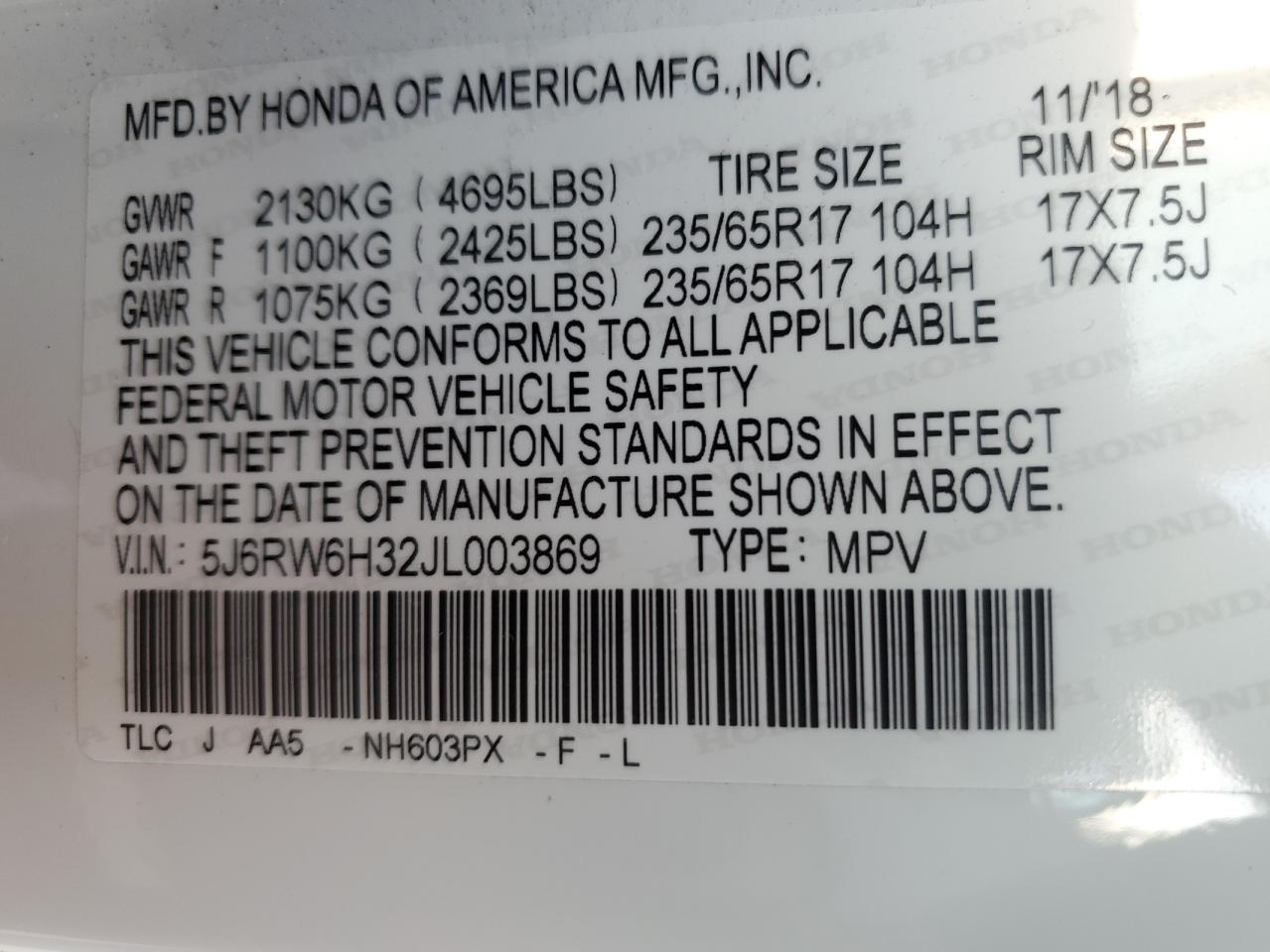 2018 Honda Cr-V Lx VIN: 5J6RW6H32JL003869 Lot: 78649644