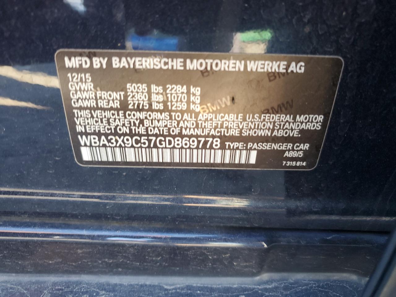 WBA3X9C57GD869778 2016 BMW 335 Xigt