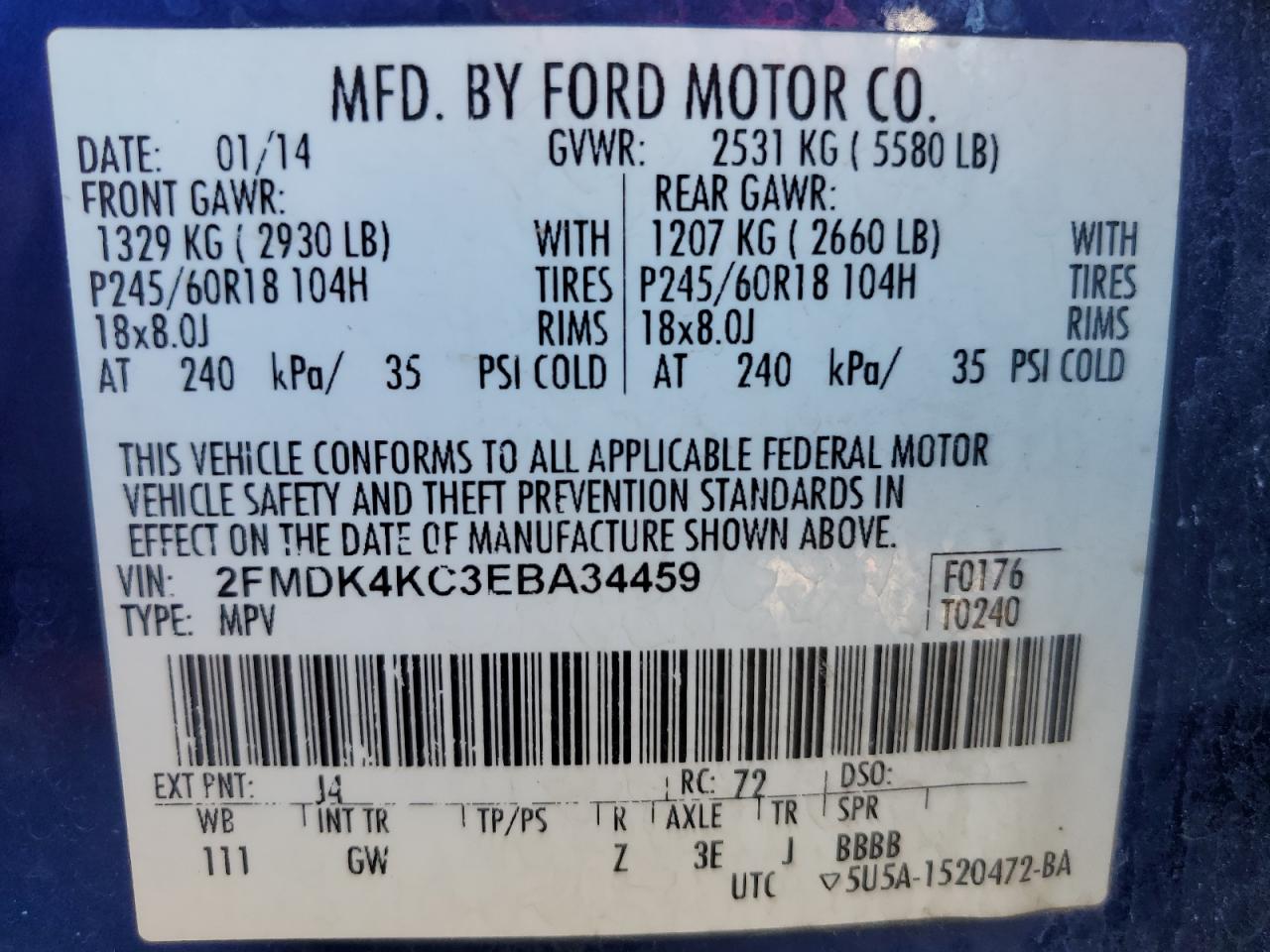 2FMDK4KC3EBA34459 2014 Ford Edge Limited