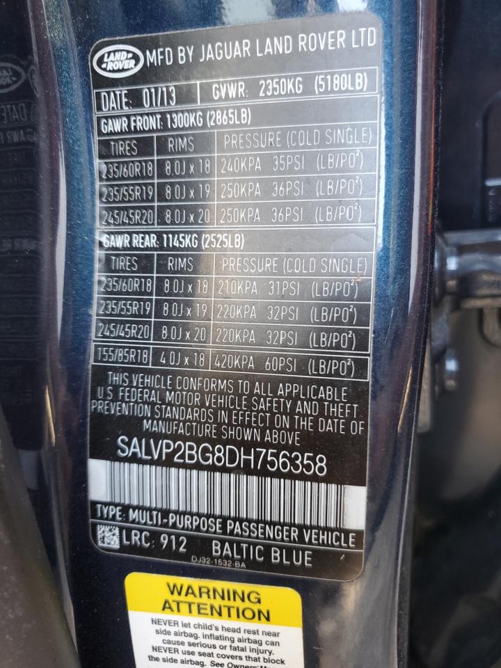 2013 Land Rover Range Rover Evoque Pure Plus VIN: SALVP2BG8DH756358 Lot: 74796414