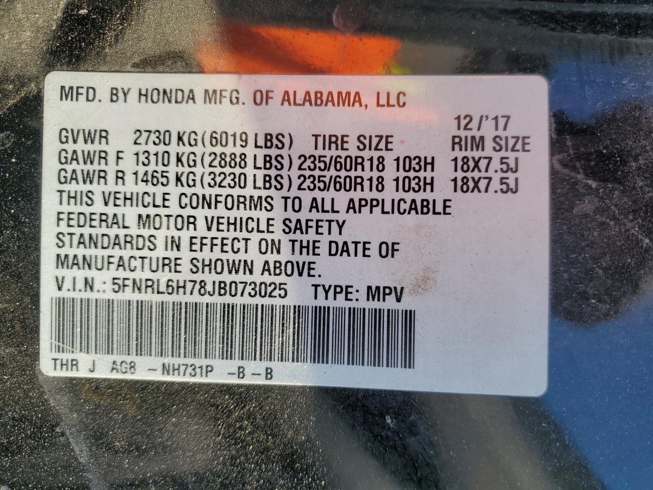 5FNRL6H78JB073025 2018 Honda Odyssey Exl