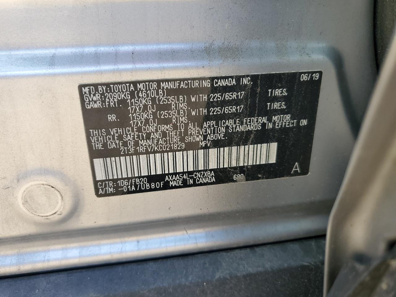 2T3F1RFV7KC021829 2019 Toyota Rav4 Le