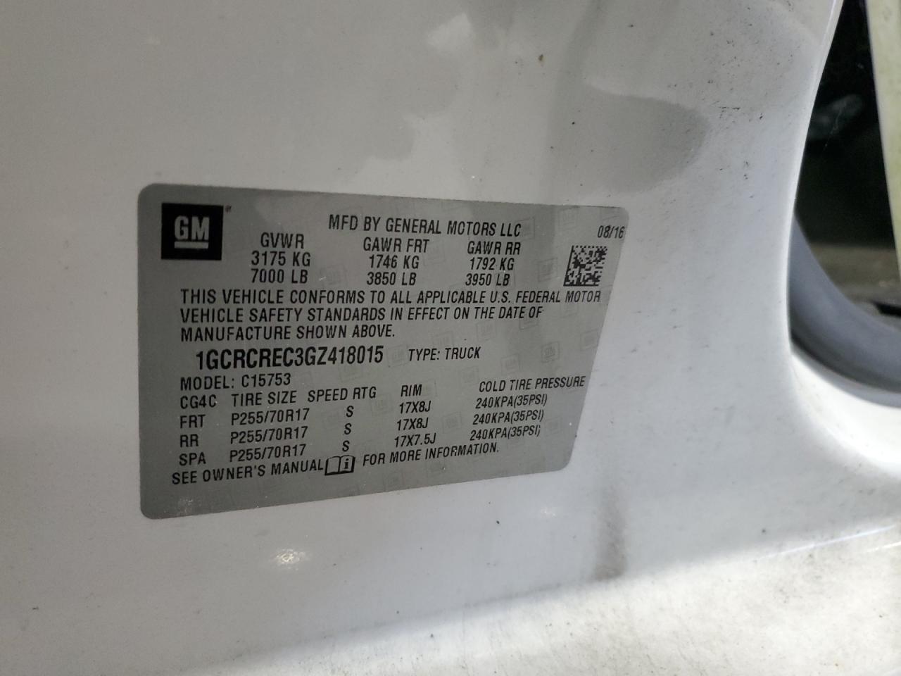 2016 Chevrolet Silverado C1500 Lt VIN: 1GCRCREC3GZ418015 Lot: 76171854