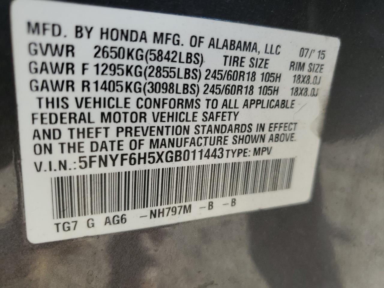 5FNYF6H5XGB011443 2016 HONDA PILOT - Image 16