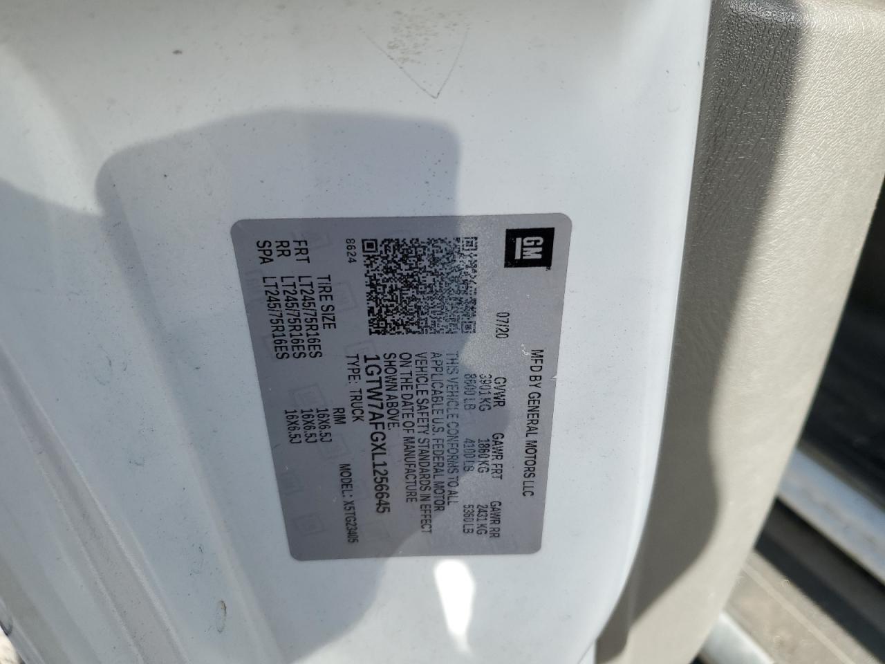 2020 GMC Savana G2500 VIN: 1GTW7AFGXL1256645 Lot: 78016614