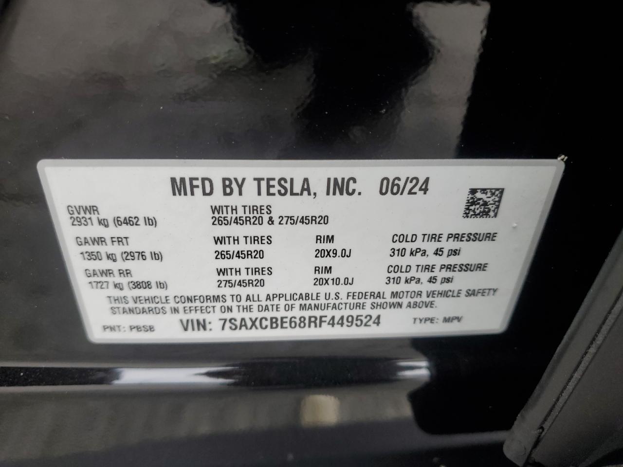 2024 Tesla Model X VIN: 7SAXCBE68RF449524 Lot: 76821964