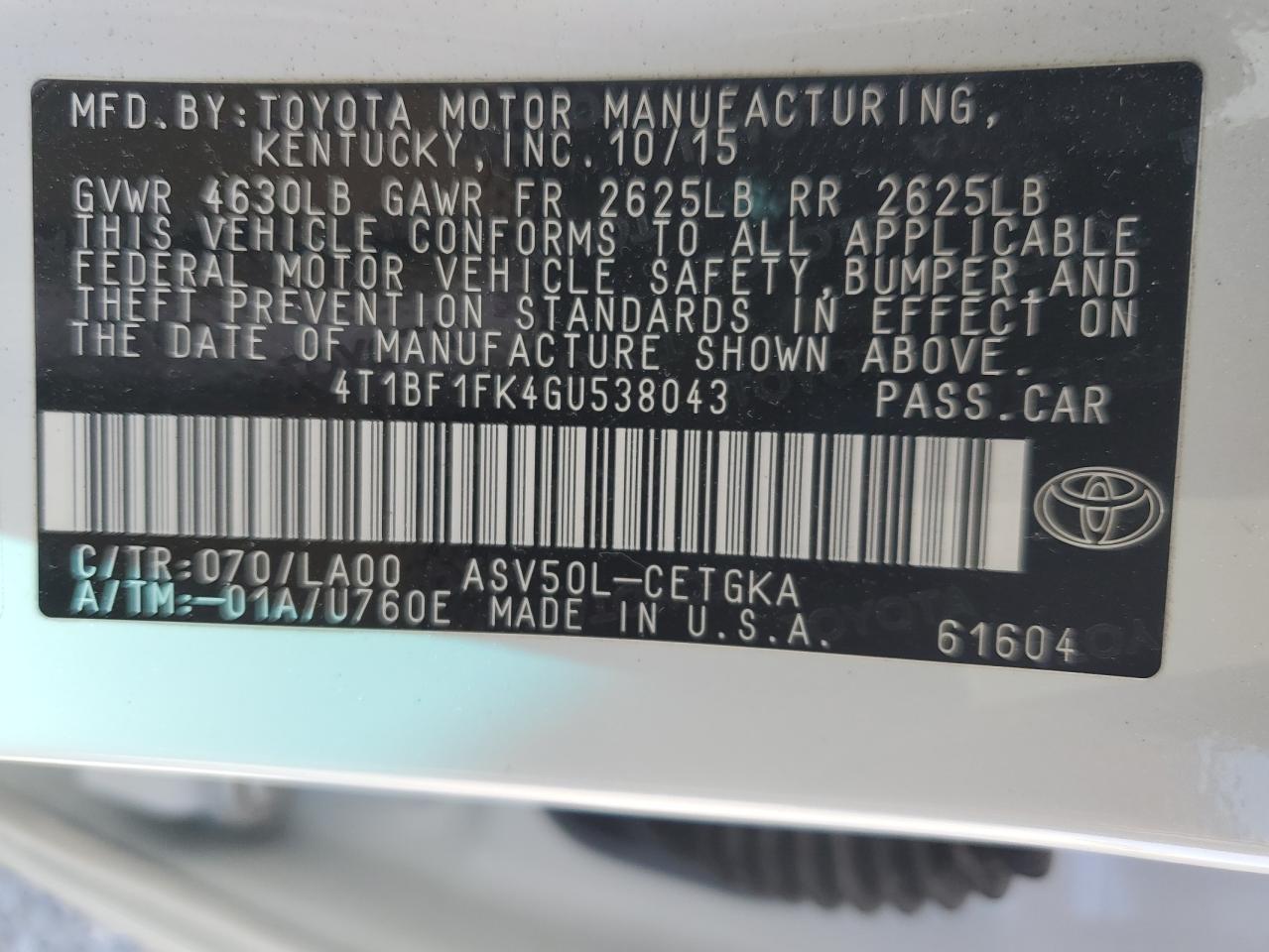 4T1BF1FK4GU538043 2016 Toyota Camry Le