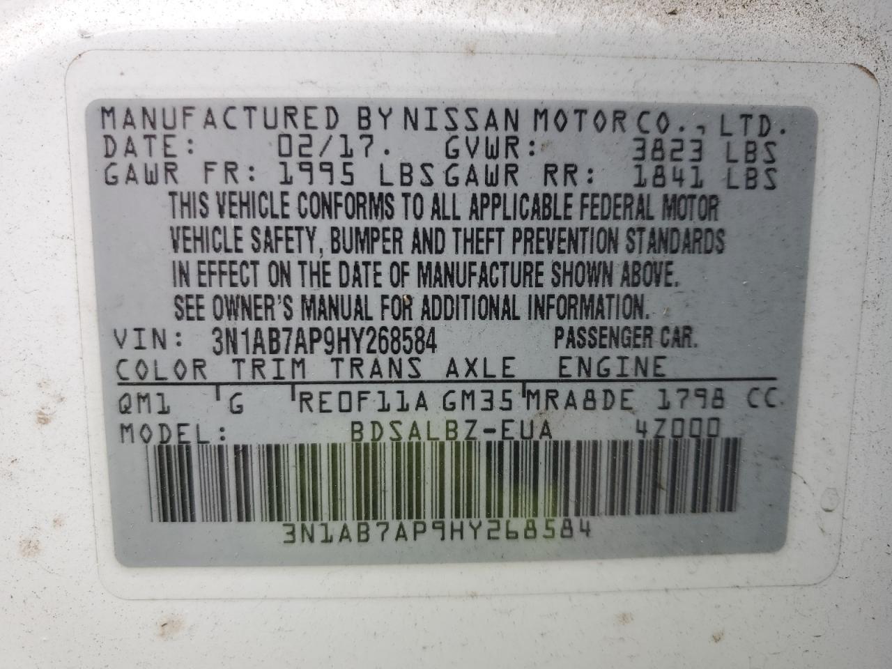 3N1AB7AP9HY268584 2017 Nissan Sentra S