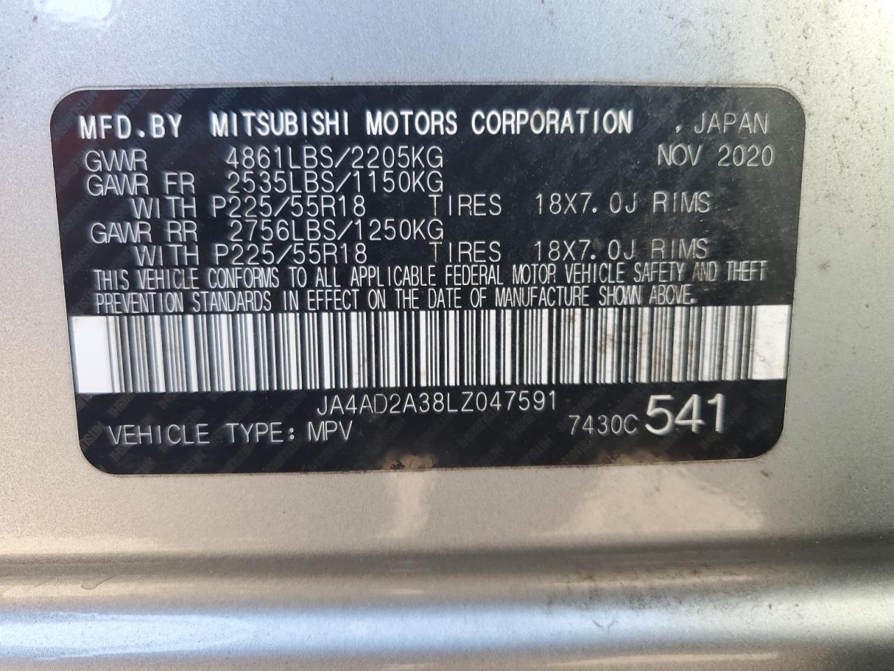 JA4AD2A38LZ047591 2020 Mitsubishi Outlander Es