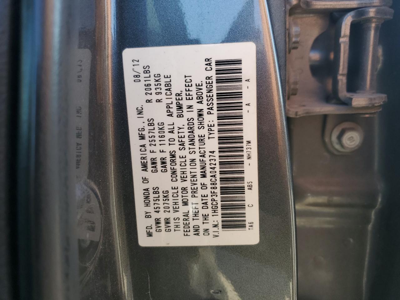 1HGCP3F88CA042374 2012 Honda Accord Exl