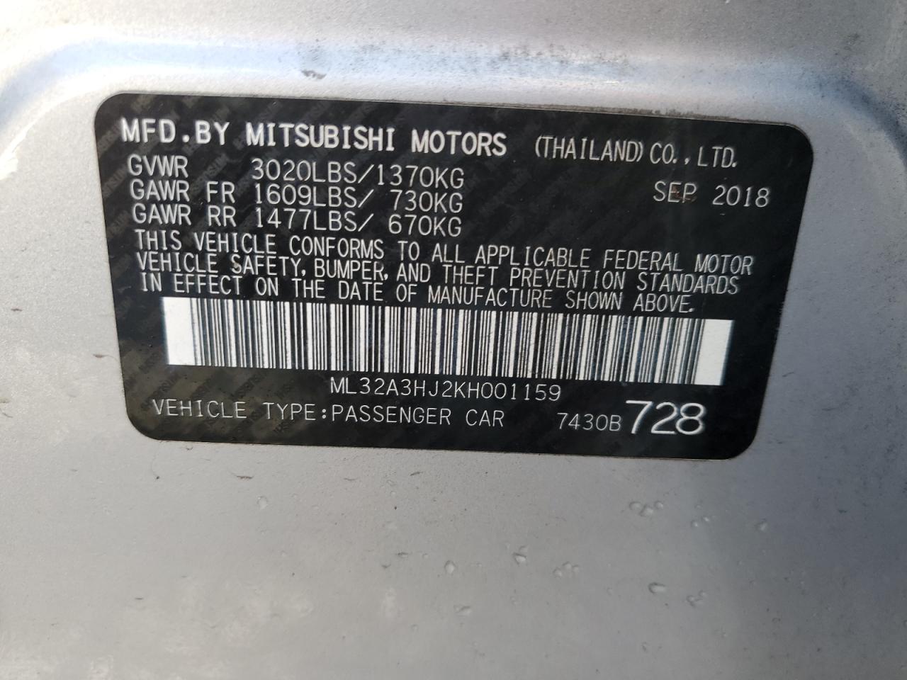 ML32A3HJ2KH001159 2019 Mitsubishi Mirage Es