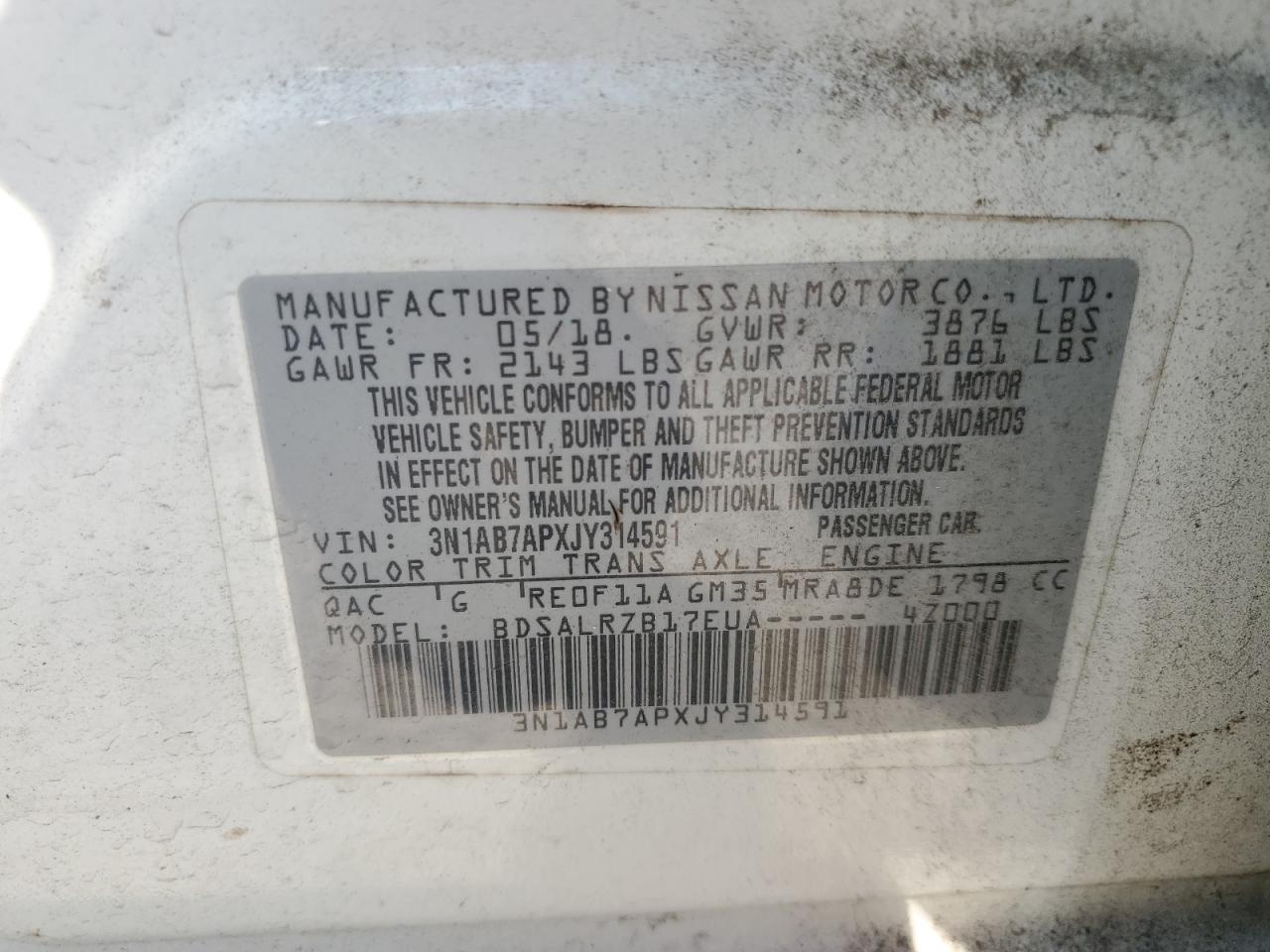 3N1AB7APXJY314591 2018 Nissan Sentra S