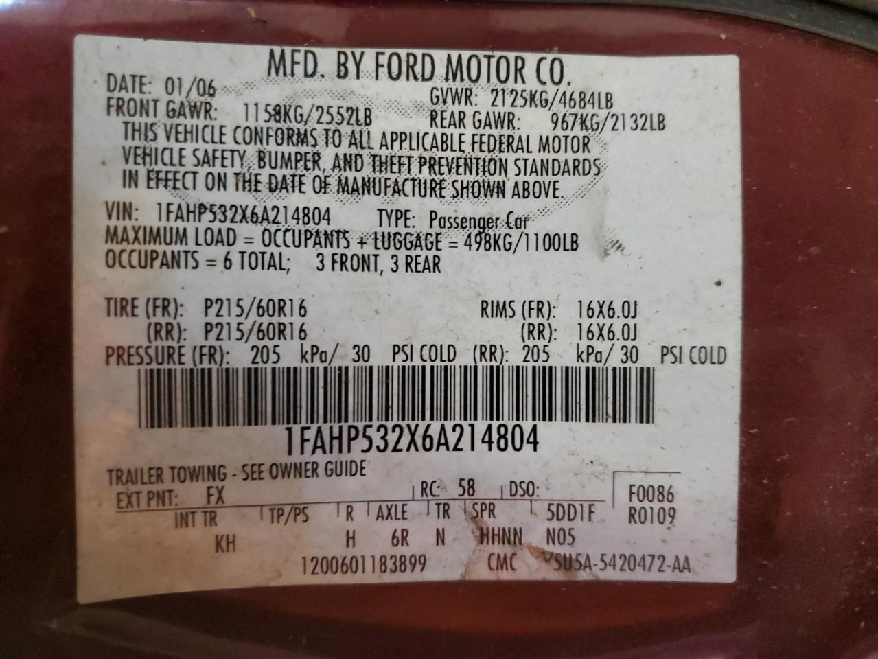 1FAHP532X6A214804 2006 Ford Taurus Se