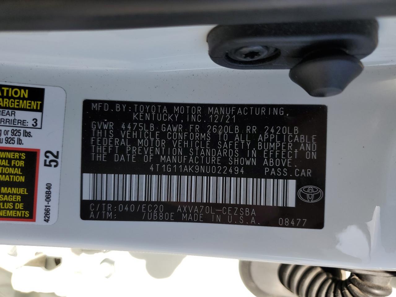 4T1G11AK9NU022494 2022 Toyota Camry Se