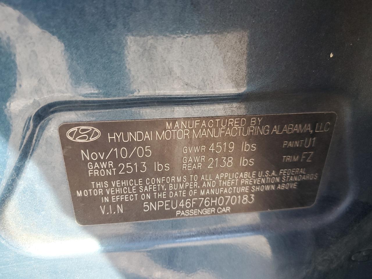 2006 Hyundai Sonata Gls VIN: 5NPEU46F76H070183 Lot: 78528304